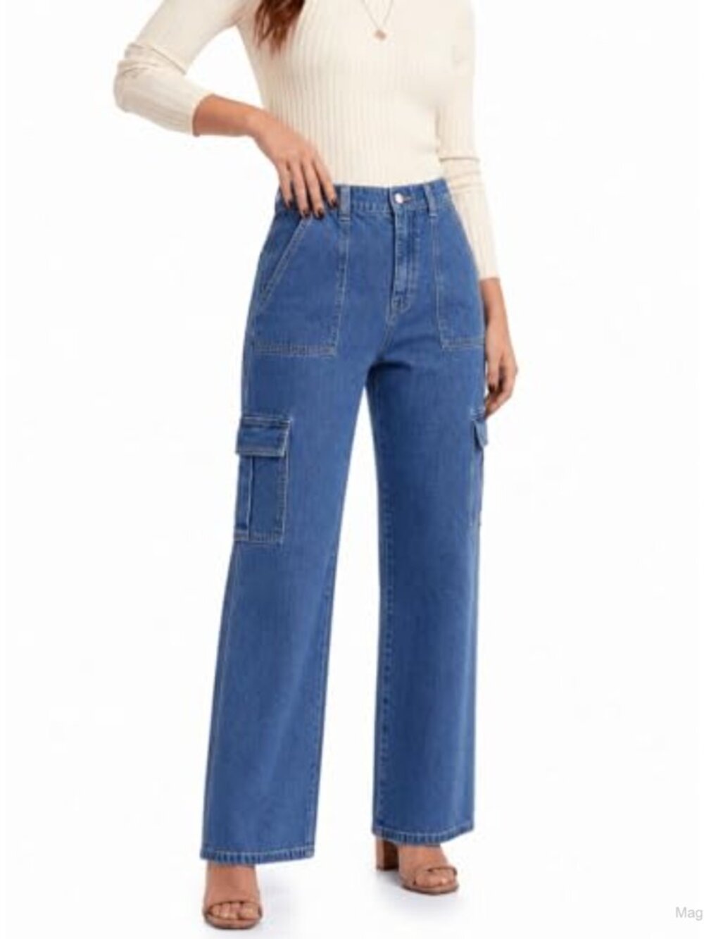 Inno Cargo Jeans Straight Leg Elastic Waist Cotton Blend Denim